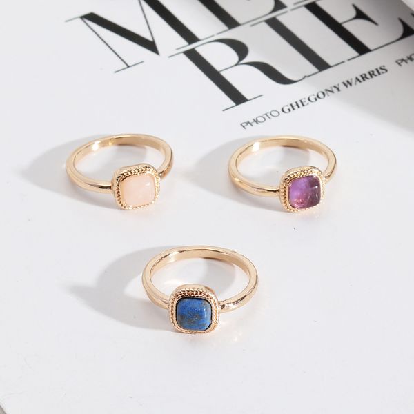 

mini square stone rings lapis lazuli amethysts rose quartz stone fashion inner dia 17mm gold color band jewelry for women, Golden;silver