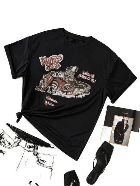 

letter & car print tee e317#, White
