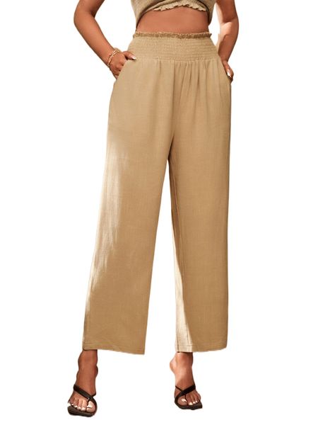 

sxy shirred paperbag waist slant pocket wide leg pants a7ak#, Black;white