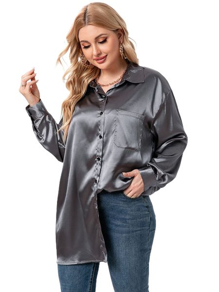 

plus drop shoulder satin blouse i6yw#, Black