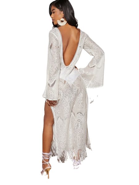 

trumpet sleeve backless split thigh fringe hem lace dress without panty b9cv#, Black;gray