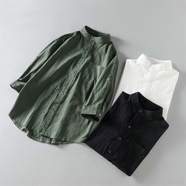 

summer new korean fashion mens cotton white shirts stand collar three quarter soft cool linen touch male blouse 4xl 5xl 210412, White;black