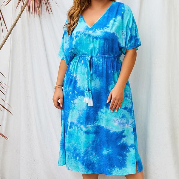 Plus Size Vestidos Mulheres Dress 2022 Verão Estilo Boêmio V-Pescoço Tie-Dye Impresso Praia Elegante Fringed Belt Maxi