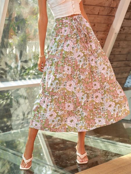 

knot waist ruffle hem floral print skirt x6at#, Black