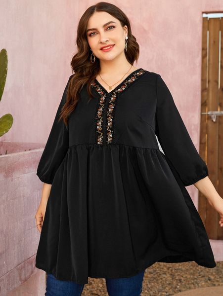 

plus floral embroidery lantern sleeve smock dress h89r#, Black