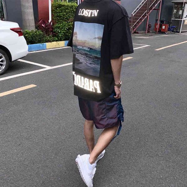 

california wave old print street 3m reflective men's street t-shirt, White;black