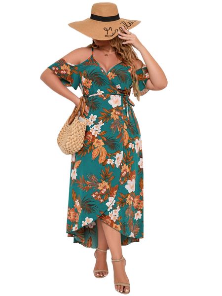 

plus tropical print cold shoulder knot side wrap dress a6sw#, Black