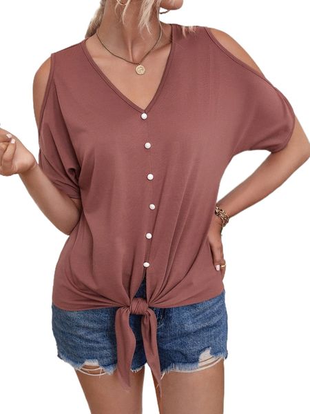 

cold shoulder button front tee 8961#, White