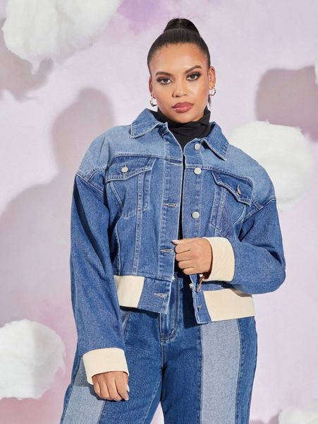 

plus contrast trim drop shoulder denim jacket g5cv#, Black;brown