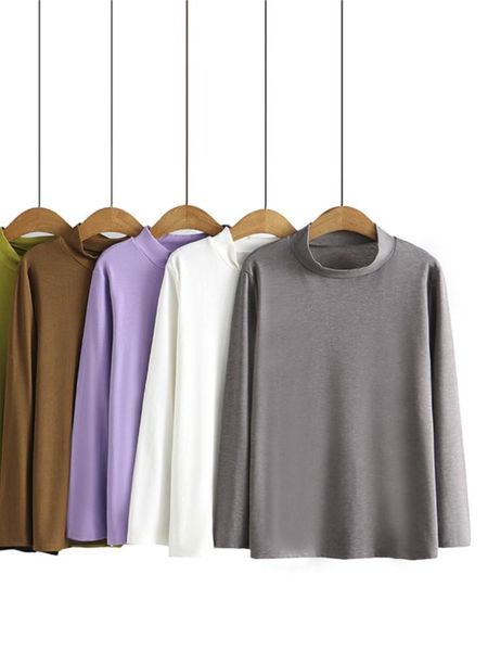 

women's plus size t-shirt t-shirts women's clothing spring casual slim tees with long sleeves mock neck solid color bottoming, Black