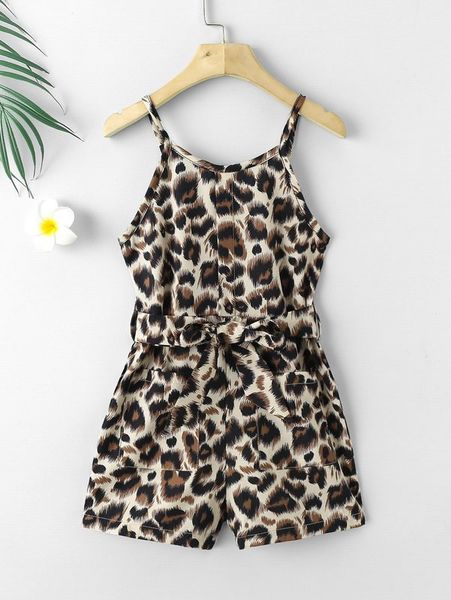 

toddler girls leopard print patched pocket belted cami romper she, Blue