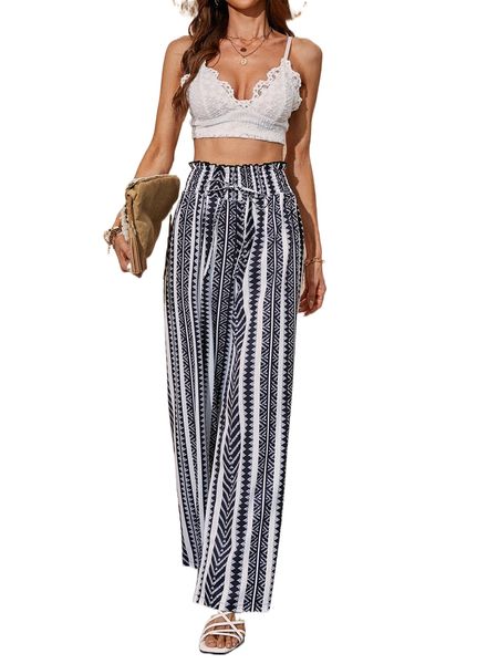 

geo print paperbag waist wide leg pants a2sn#, Black;white