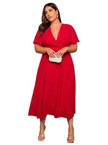 

plus surplice neck butterfly sleeve chiffon dress r8l4#, Black