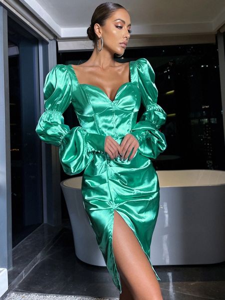 

sweetheart neck gathered sleeve split hem satin dress j21k#, Black;gray