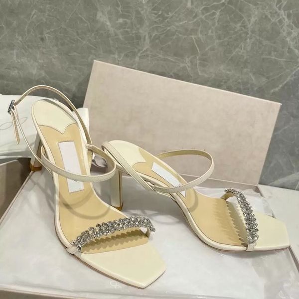 

famous summer brands meira sandals leaf crystals ankle strap gladiator sandalias white gold lady calfskin leather high heels walking shoes e, Black