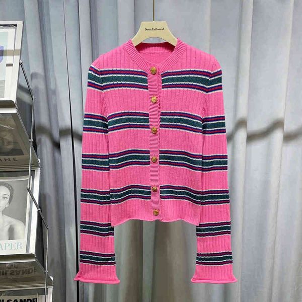

women's knits & tees yang chaoyue's same trumpet sleeve sweater sweet temperament gold button pink pinstripe slim cardigan 294o, White