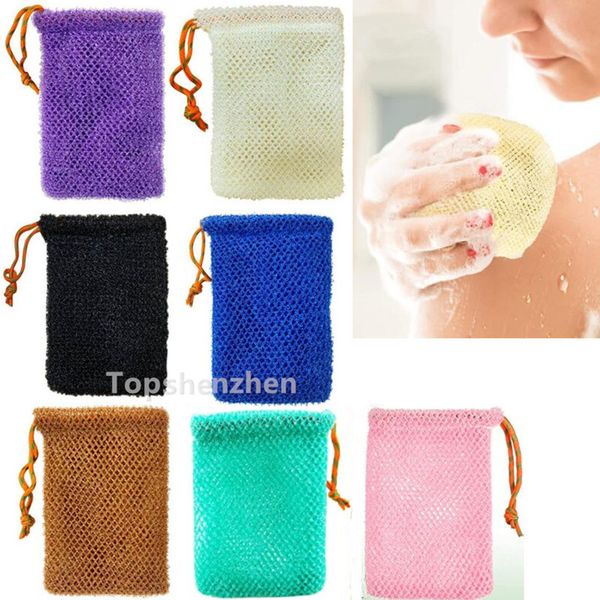 7 cores esfoliando bolsas de malha economiza bolsa para chuveiro massage massageador de massagem orgânica ramie saco ramie saco de bolso de bolso de banheiro espuma de bolha de banheira com cordão