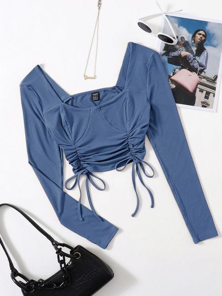 

solid rib drawstring hem tee 662d#, White