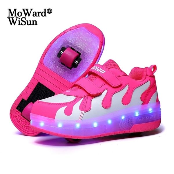 Größe 28-40 Kinder Roller Sneakers mit Lichtern USB-geladene LED-Schuhe Doppelräder Kinder Jungen Mädchen Leuchtende Rollschuhschuhe LJ201202