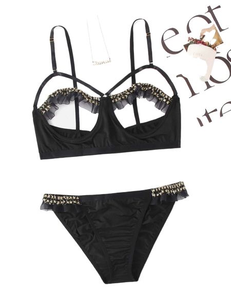 

plus cut-out frill trim underwire lingerie set n5qe#, Black;white