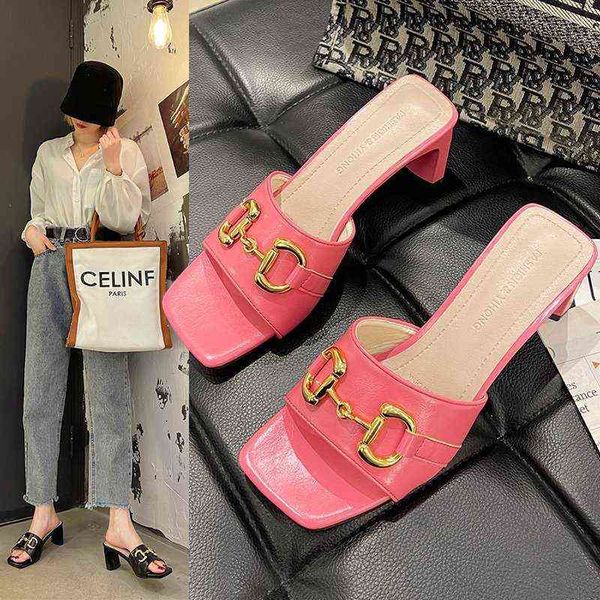 

summer korean version metal chain slotted square head thick heel sandals high-heeled slippers women, Black