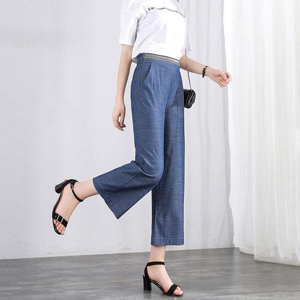 

women's pants & capris office lady ice silk denim eight points wide leg summer casual straight pockets blue thin payment nine trousers, Black;white