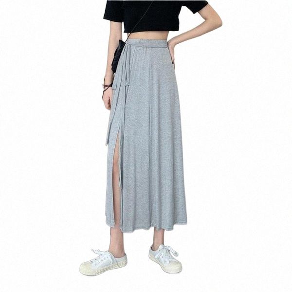 

long skirts for women clothing spring summer korean casual style solid fashion brand high waist black skirt a-line lace-up t0hj#
