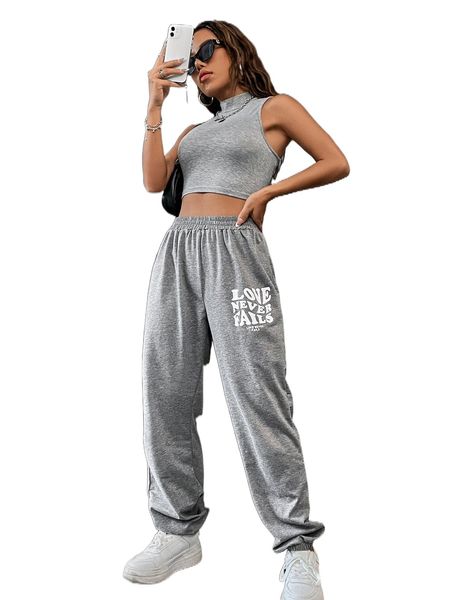 

mock neck crop tank & slogan graphic sweatpants 42fn#, White