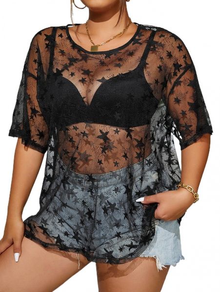 

plus star mesh drop shoulder without cami v5xy#, Black