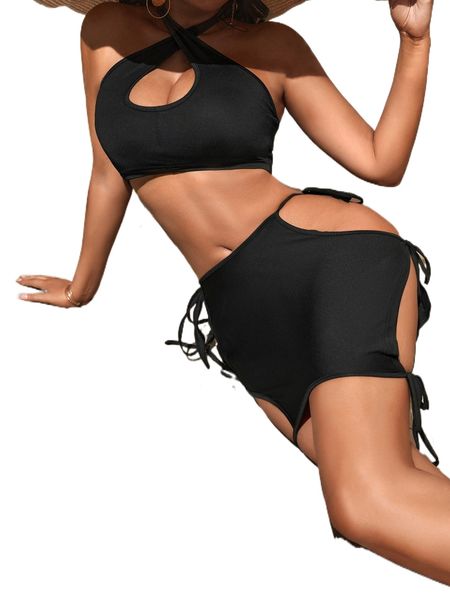 

solid backless halter & tie side cut out skirt o4hk#, White