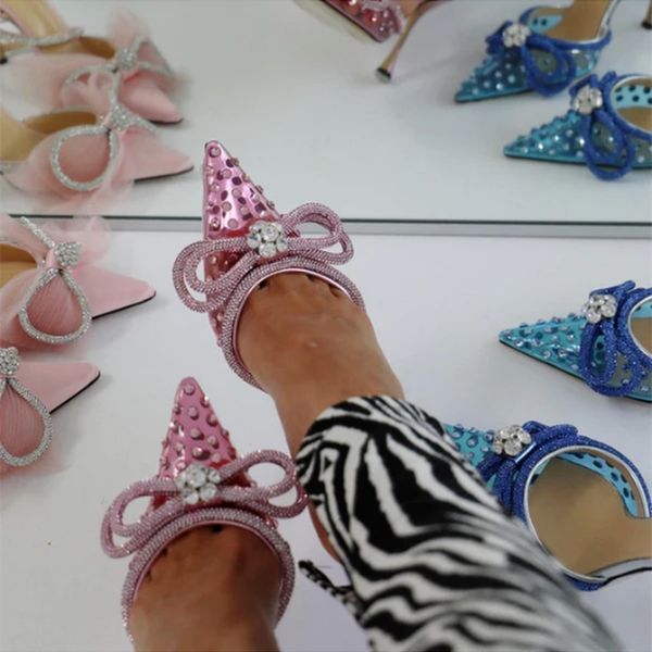 

brand luxury crystal sequined bowknot women pumps ankle strap high heels female sandals summer fashion wedding prom 220720, Black