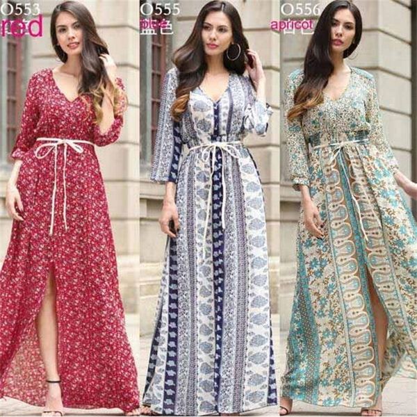 Estilo euro roupas femininas com decote em v chiffon flor impressão vestido senhora casual manga longa balanço praia divisão w220315