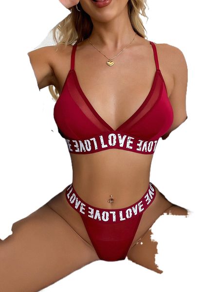 

letter tape contrast mesh lingerie set d471#, Black;red