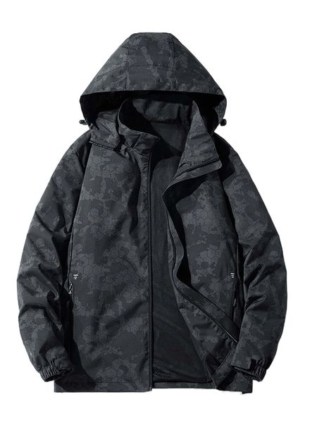 

men geo print drawstring zipper hooded coat p1et#, Black;brown