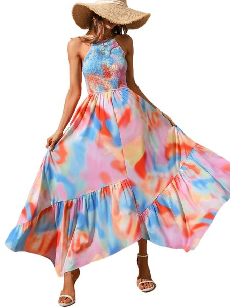 

tie dye shirred asymmetrical hem cami dress t1dr#, Black;gray