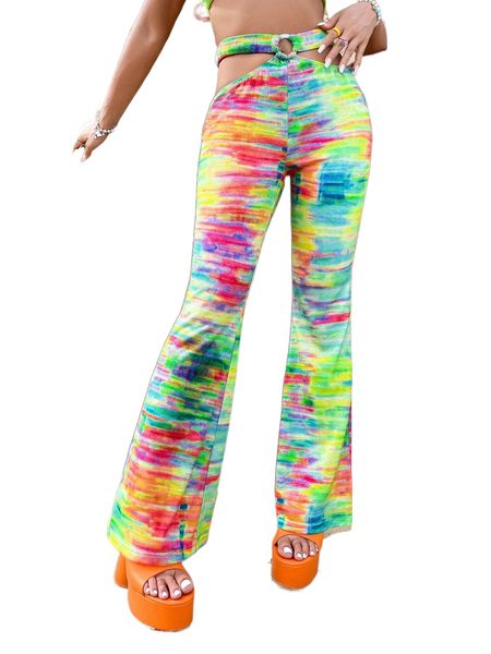 

tie dye print cut out waist flare leg pants z5az#, Black;white