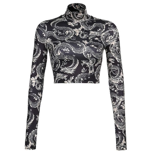 

women s dragon printed crop long sleeve high collar short slim t shirt for spring and autumn 220714, White