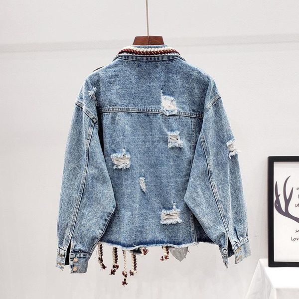 Giacche da donna Autunno Primavera Streetwear Patchwork Stampa Diamanti sfilacciati Giacca di jeans Donna Mesh Lace Up Short Casual Jean Coat Esterno femminile