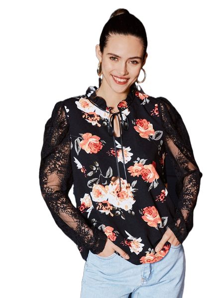

ruffle tie neck lace sleeve floral print x4h7#, White