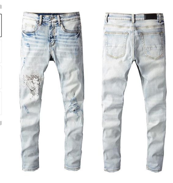 

2022 mens jeans distressed motorcycle biker jean rock skinny slim ripped hole stripe fashionable embroideryhip hop denim pants 22ss, Blue