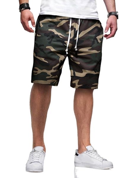 

men camo print drawstring waist shorts f3pk#, White;black