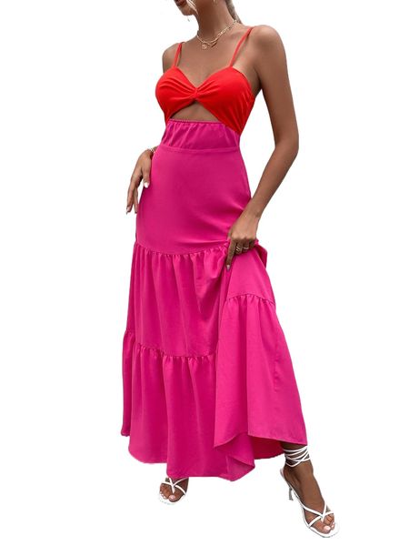 

colorblock cut out ruffle hem cami dress z0ir#, Black;gray