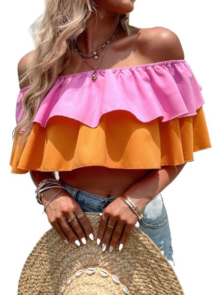 

colorblock off shoulder tiered layer crop y3yl#, White