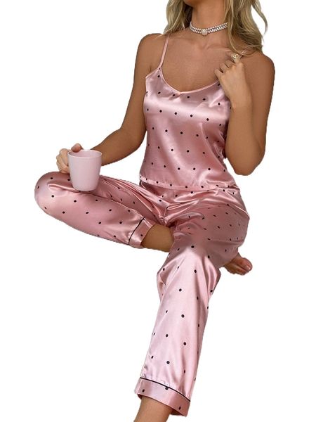 

polka dot satin pj set a7tm#, Black;red
