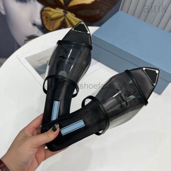 

summer transparent pvc luxury designer slippers sandals slides womens leather sole inside enameled metal triangle ladies flat shoe, Black