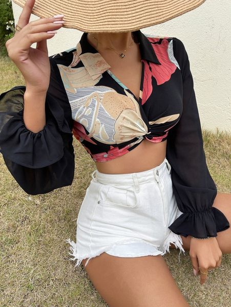 

random print twist front crop h9ic#, White