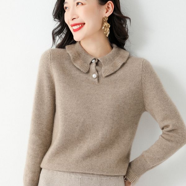 

autumn and winter cashmere wool sweater woman polo collar pearl fungus design pullover casual knitted jacket to keep warm, White;black