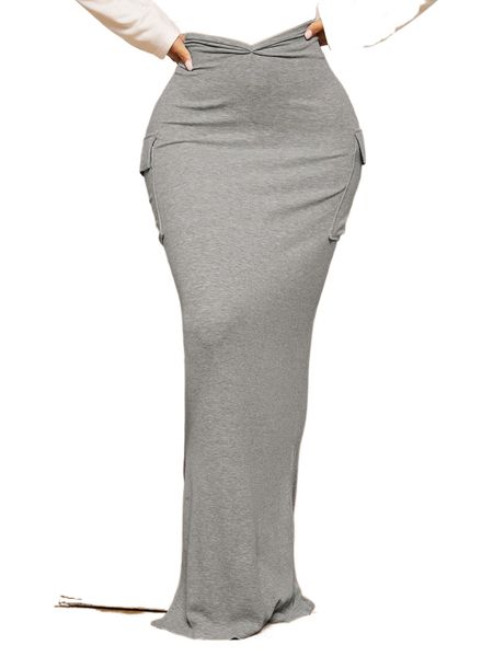 

sxy ruched flap pocket split hem skirt o4eb#, Black
