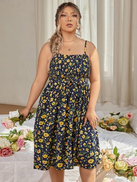 

plus floral print shirred knot front cami dress x9pm#, Black