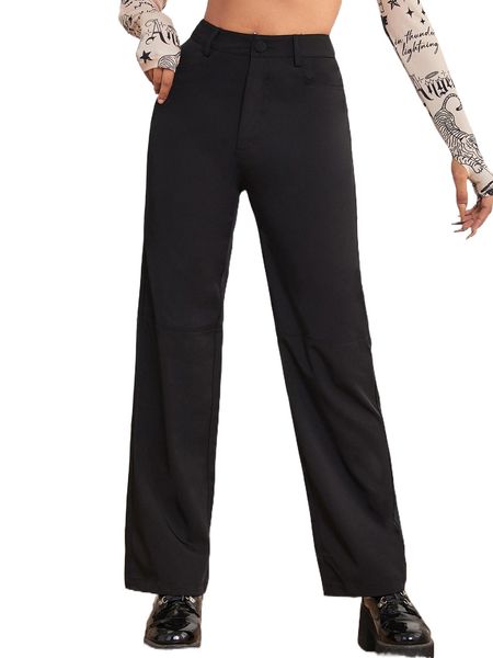 

petite solid straight leg pants l1ai#, Black;white